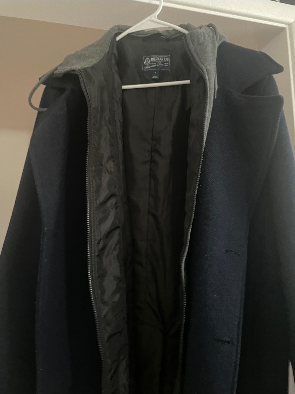American Rag Men's Navy Pea Coat with Gray Hooded Liner